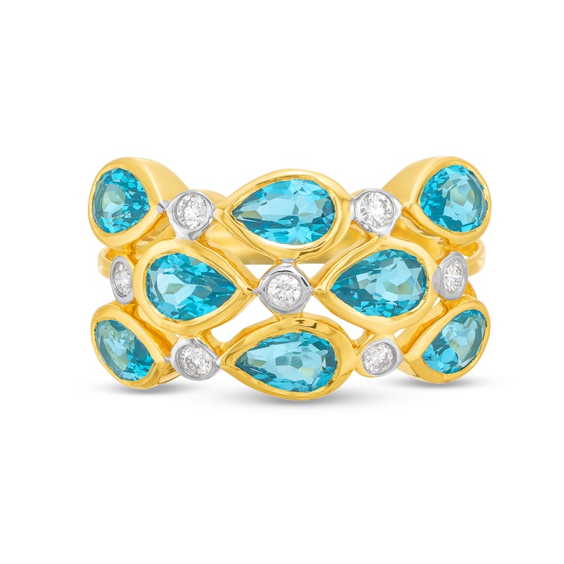Kallati Pear-Shaped Natural Blue Topaz Ring 1/6 ct tw Diamonds 14K Yellow Gold