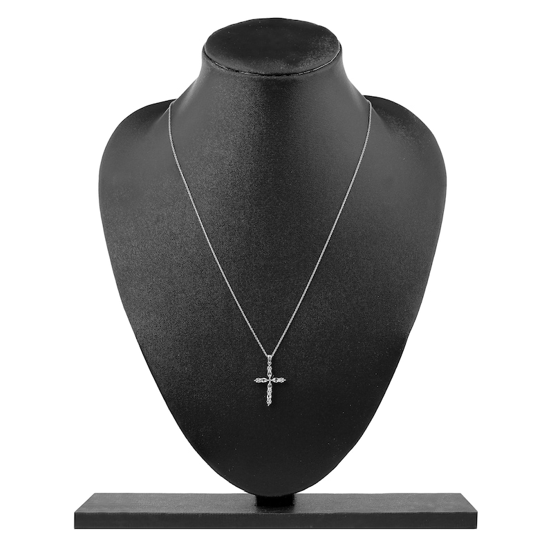 Marquise-Cut Natural Aquamarine & Diamond Cross Pendant Necklace 1/15 ct tw 14K White Gold