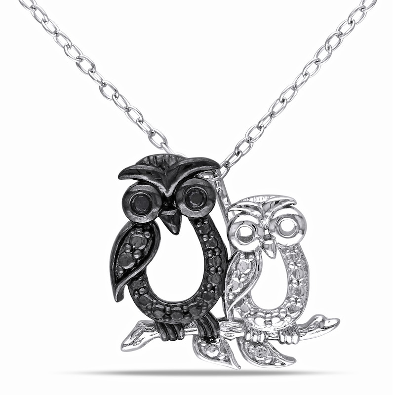 Black Diamond Owl Diamond Accents Necklace Sterling Silver 18"