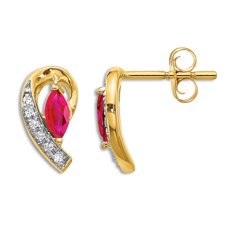 Natural Ruby Stud Earrings 1/20 ct tw Diamonds 14K Yellow Gold