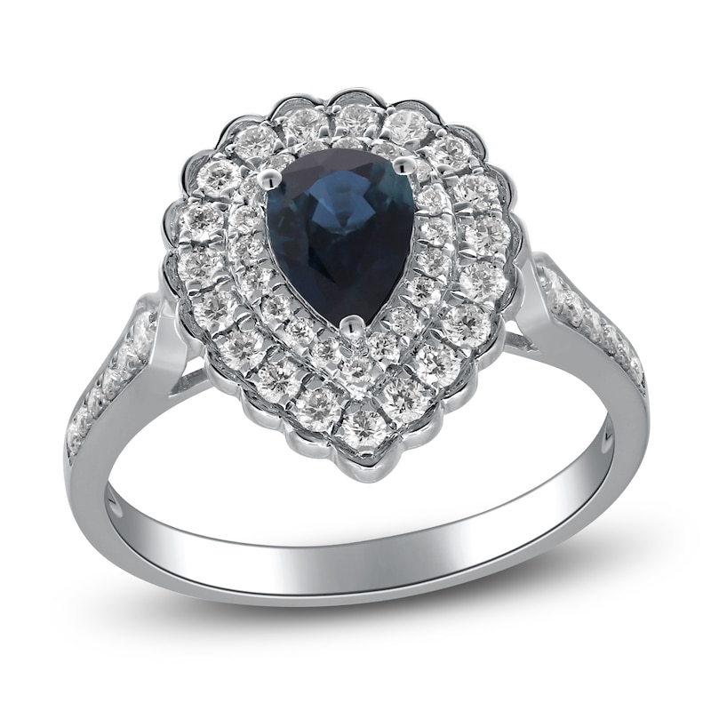 Pear-Shaped Natural Blue Sapphire & Diamond Halo Engagement Ring 1/2 ct tw 14K White Gold