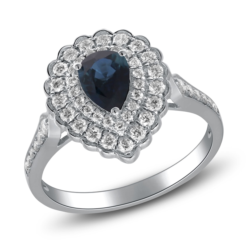 Pear-Shaped Natural Blue Sapphire & Diamond Halo Engagement Ring 1/2 ct tw 14K White Gold