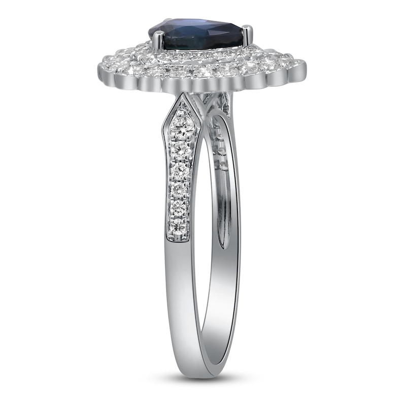 Pear-Shaped Natural Blue Sapphire & Diamond Halo Engagement Ring 1/2 ct tw 14K White Gold