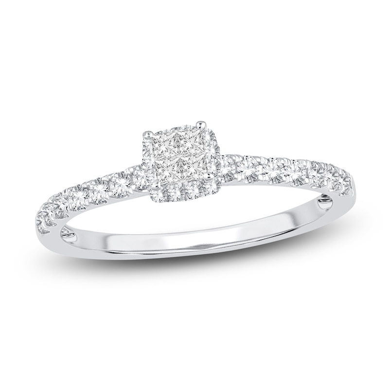 Main Image 1 of Princess & Round-Cut Diamond Engagement Ring 3/8 ct tw 14K White Gold