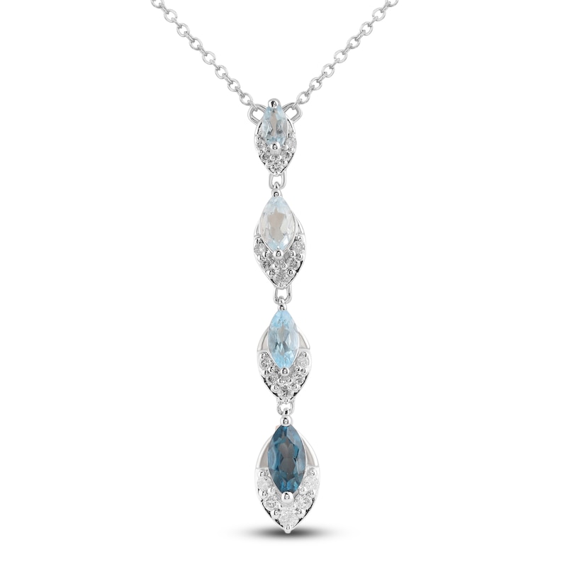 Main Image 1 of Marquise-Cut Natural Sky, Swiss & London Blue Topaz Drop Necklace 1/6 ct tw Diamonds 10K White Gold 18&quot;