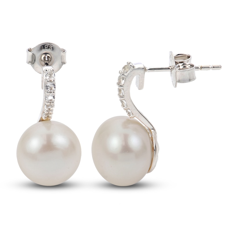 Cultured Pearl & White Lab-Created Sapphire Drop Earrings Sterling Silver