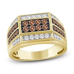 Men's Brown & White Diamond Ring 1 ct tw 10K Yellow Gold