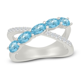 Oval-Cut Natural Swiss Blue Topaz & White Lab-Created Sapphire Crossover Ring Sterling Silver