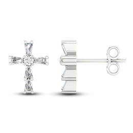 Diamond Cross Stud Earrings 1/8 ct tw Round/Baguette 10K White Gold