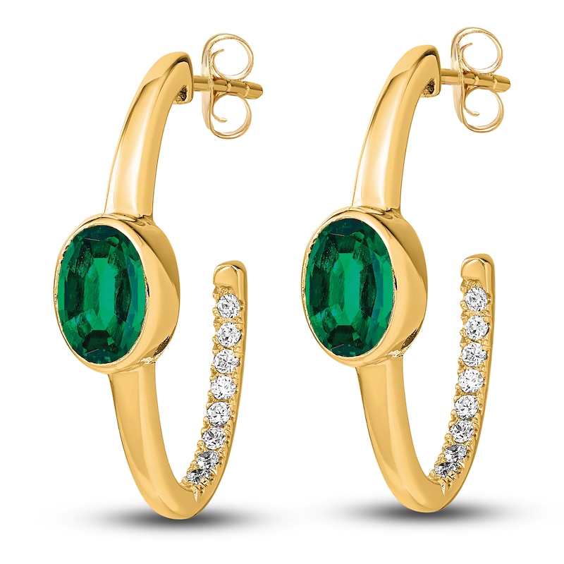 Main Image 2 of Natural Emerald Hoop Earrings 1/5 ct tw Diamonds 14K Yellow Gold