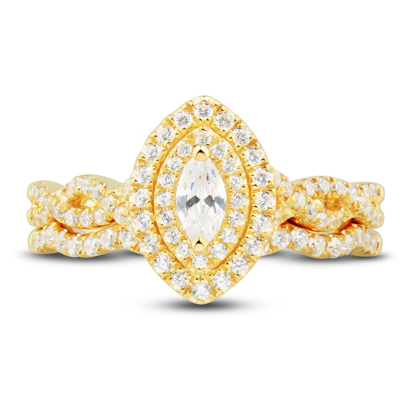 Main Image 3 of Diamond Double Halo Bridal Set 5/8 ct tw Marquise/Round 14K Yellow Gold