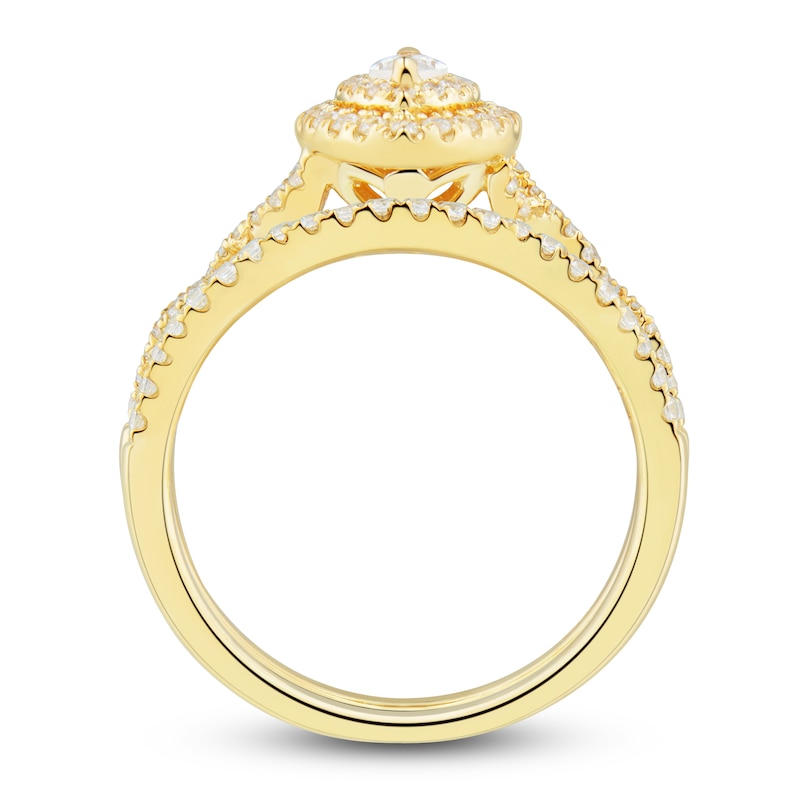 Main Image 4 of Diamond Double Halo Bridal Set 5/8 ct tw Marquise/Round 14K Yellow Gold