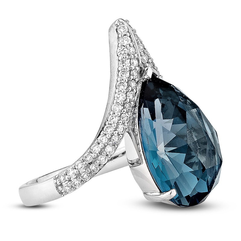 Main Image 2 of Pear-Shaped Natural London Blue Topaz & Diamond Chevron Cocktail Ring 1/2 ct tw 14K White Gold