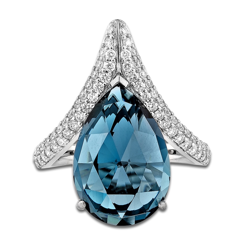 Main Image 3 of Pear-Shaped Natural London Blue Topaz & Diamond Chevron Cocktail Ring 1/2 ct tw 14K White Gold