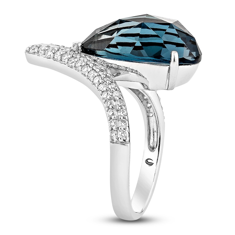 Main Image 4 of Pear-Shaped Natural London Blue Topaz & Diamond Chevron Cocktail Ring 1/2 ct tw 14K White Gold