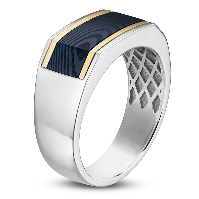 Main Image 2 of Forged by Jared Men's Angled Ring Sterling Silver, Blue Ion-Plated Damascus Steel & 18K Yellow Gold