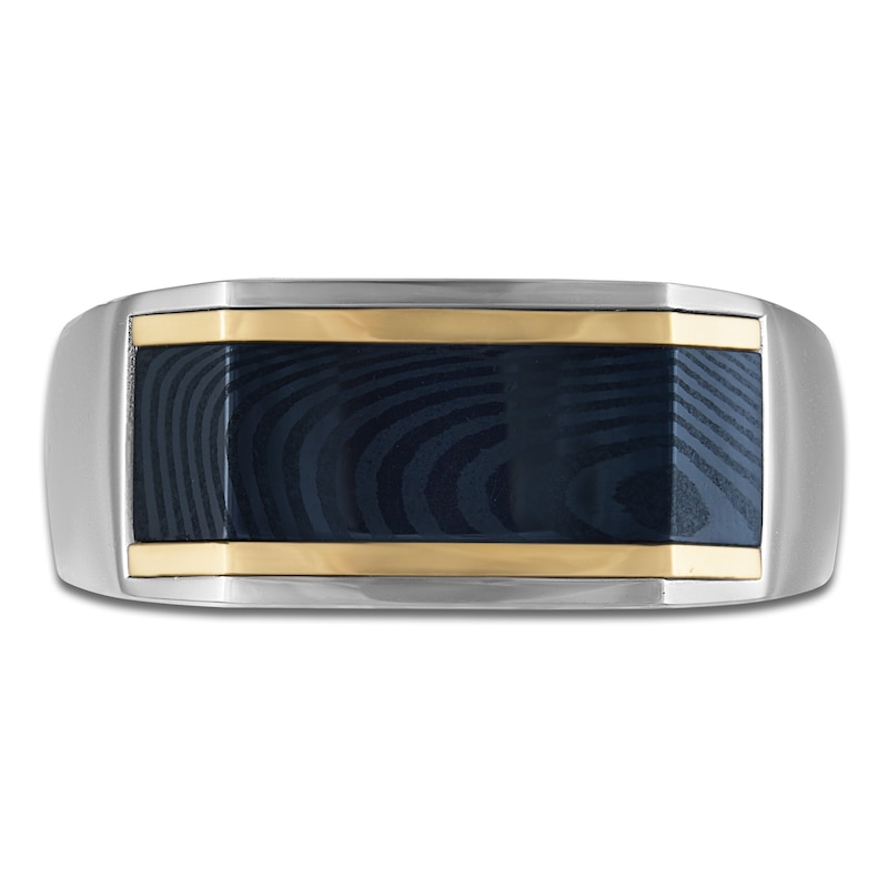 Main Image 3 of Forged by Jared Men's Angled Ring Sterling Silver, Blue Ion-Plated Damascus Steel & 18K Yellow Gold