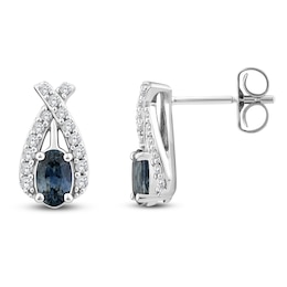 Montana Blue Oval-Cut Natural Sapphire & Diamond Earrings 1/6 ct tw 14K White Gold