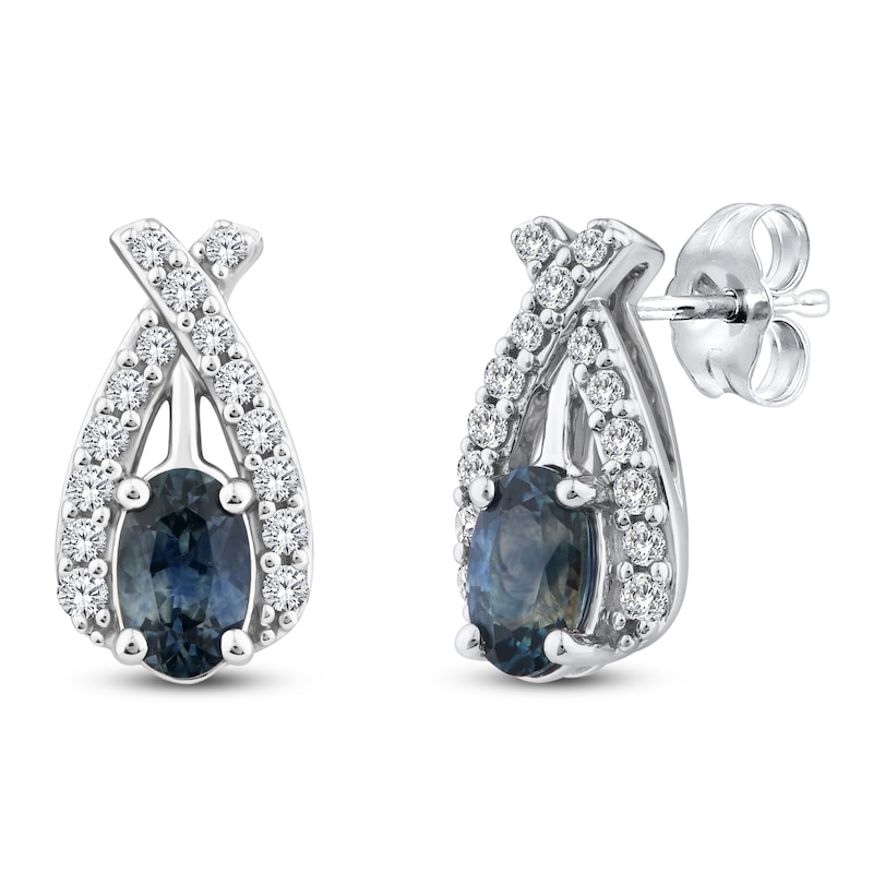 Main Image 2 of Montana Blue Oval-Cut Natural Sapphire & Diamond Earrings 1/6 ct tw 14K White Gold