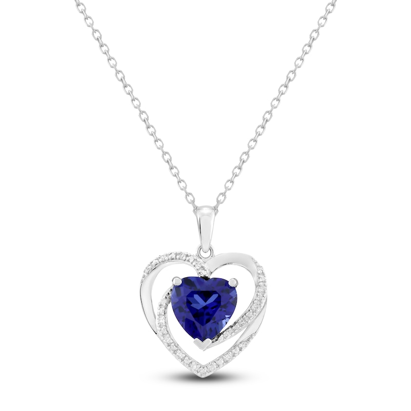 Heart-Shaped Blue Lab-Created Sapphire & Diamond Necklace 1/20 ct tw 10K White Gold 18"