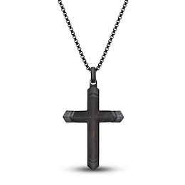 Men's Black Wooden Cross Pendant Necklace Stainless Steel 24&quot;