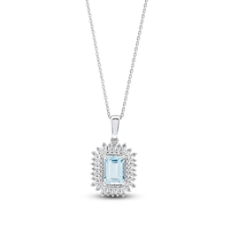 Rectangle-Cut Natural Aquamarine, Baguette & Round-Cut Diamond Pendant Necklace 1/4 ct tw 14K White Gold 18&quot;