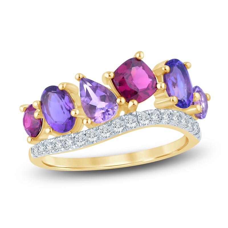 Natural Amethyst, Light Amethyst, Rhodolite Garnet & Diamond Multi-Shape Curve Ring 1/4 ct tw 14K Yellow Gold