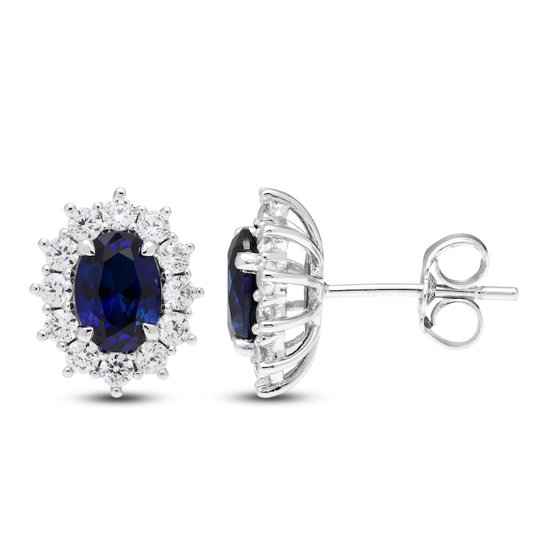 Oval-Cut Lab-Created Blue Sapphire & White Lab-Created Sapphire Halo Stud Earrings Sterling Silver