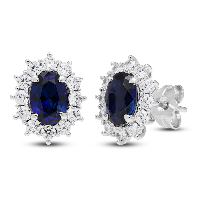 Main Image 2 of Oval-Cut Lab-Created Blue Sapphire & White Lab-Created Sapphire Halo Stud Earrings Sterling Silver