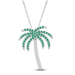 Lab-Created Emerald & White Lab-Created Sapphire Palm Tree Necklace Sterling Silver 18&quot;