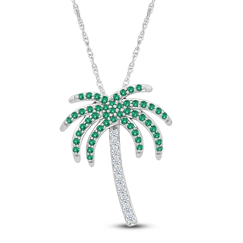 Main Image 1 of Lab-Created Emerald & White Lab-Created Sapphire Palm Tree Necklace Sterling Silver 18&quot;