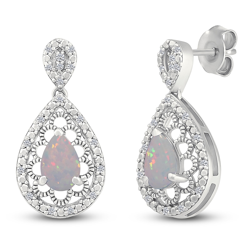 Main Image 2 of Pear-Shaped Lab-Created Opal & Diamond Dangle Earrings 1/6 ct tw Sterling Silver