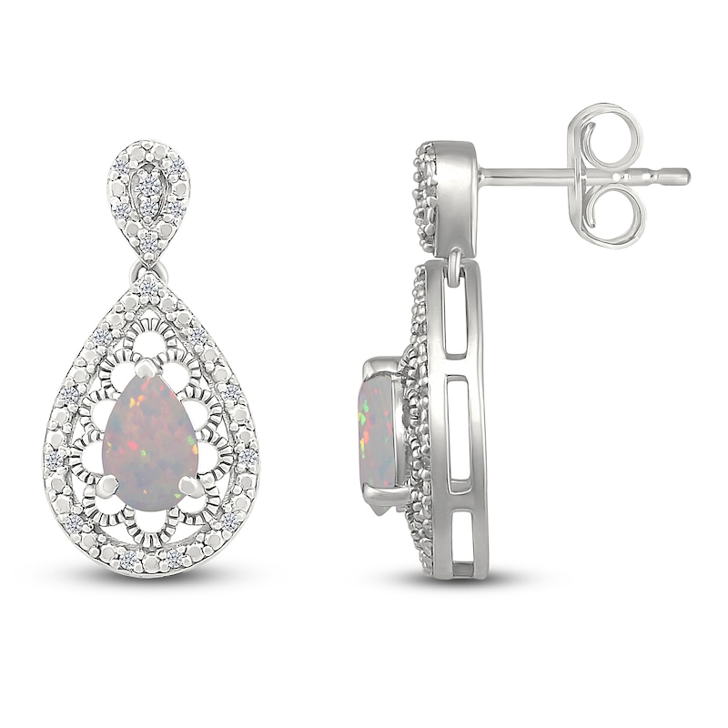 Main Image 3 of Pear-Shaped Lab-Created Opal & Diamond Dangle Earrings 1/6 ct tw Sterling Silver