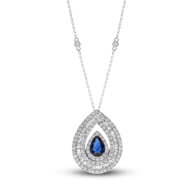 Natural Blue Sapphire Necklace 1-1/6 ct tw Diamonds 14K White Gold