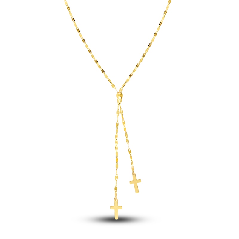 Double Cross Lariat Necklace 14K Yellow Gold 16"