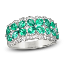 Pear-Shaped Natural Emerald & Diamond Flower Ring 3/8 ct tw Round Platinum