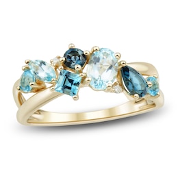 Multi-Shape Natural Swiss, Sky & London Blue Topaz Diamond Accent Ring 14K Yellow Gold