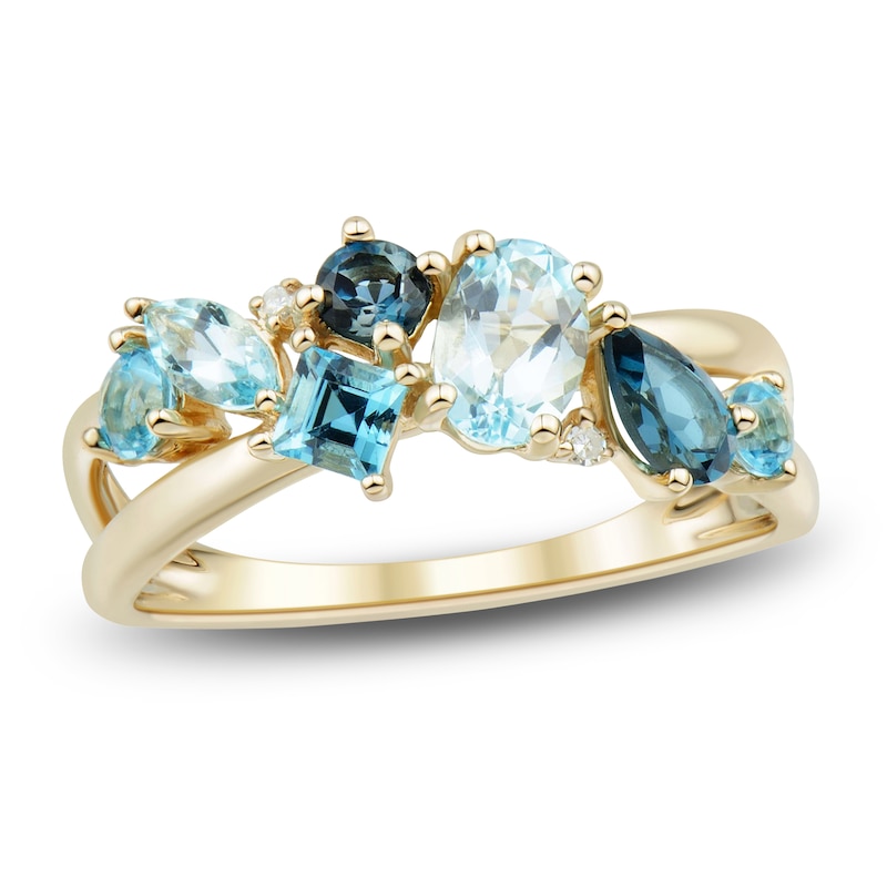 Main Image 1 of Multi-Shape Natural Swiss, Sky & London Blue Topaz Diamond Accent Ring 14K Yellow Gold