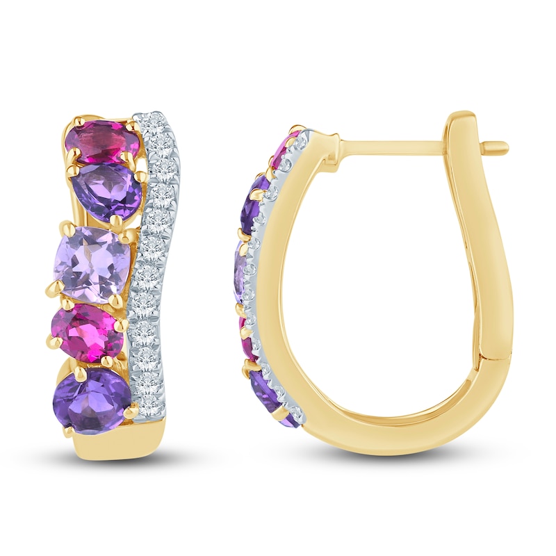 Natural Amethyst, Light Amethyst, Rhodolite Garnet & Diamond Multi-Shape Curve Hoop Earrings 1/4 ct tw 14K Yellow Gold