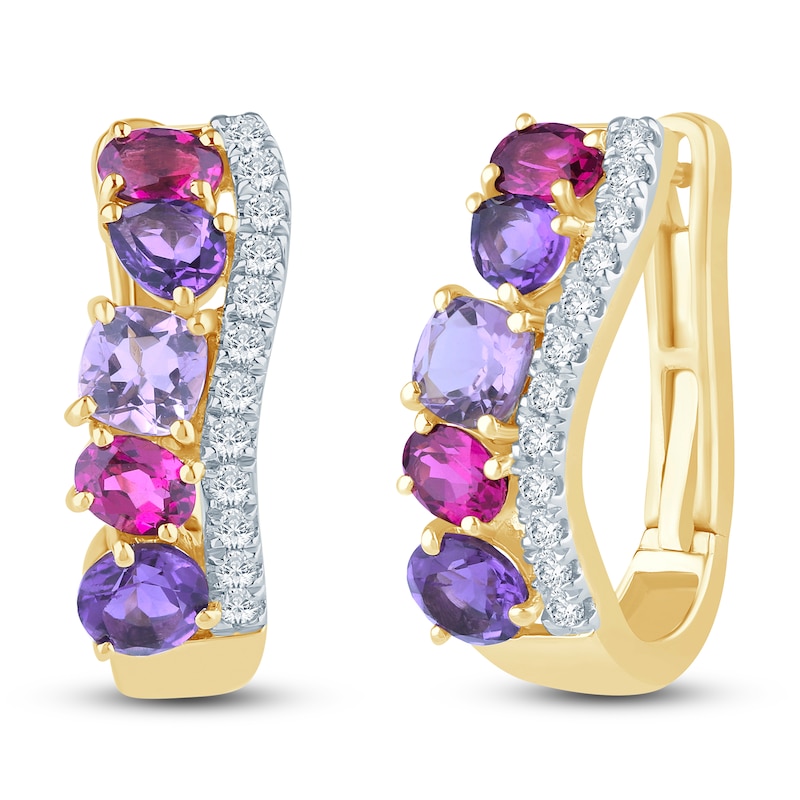 Natural Amethyst, Light Amethyst, Rhodolite Garnet & Diamond Multi-Shape Curve Hoop Earrings 1/4 ct tw 14K Yellow Gold