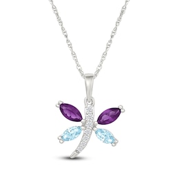 Marquise-Cut Natural Amethyst, Natural Aquamarine & White Lab-Created Sapphire Dragonfly Necklace Sterling Silver 18&quot;