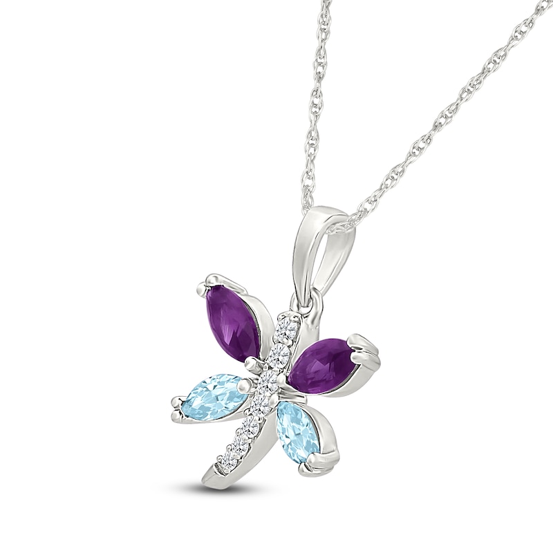 Marquise-Cut Natural Amethyst, Natural Aquamarine & White Lab-Created Sapphire Dragonfly Necklace Sterling Silver 18"