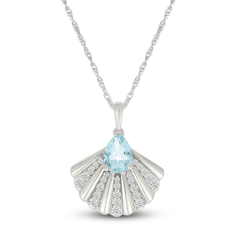 Main Image 1 of Pear-Shaped Natural Aquamarine & White Lab-Created Sapphire Shell Necklace Sterling Silver 18&quot;