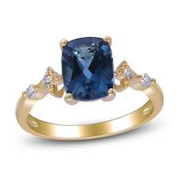 Cushion-Cut Natural London Blue Topaz & Diamond Ring 1/10 ct tw 10K Yellow Gold