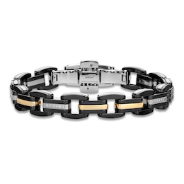 Baraka Men's Diamond Link Bracelet 1/20 ct tw Stainless Steel, Black Ceramic & 18K Yellow Gold 7.75&quot;