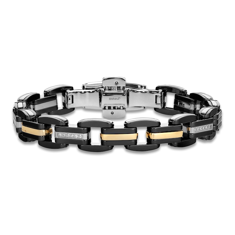 Main Image 1 of Baraka Men's Diamond Link Bracelet 1/20 ct tw Stainless Steel, Black Ceramic & 18K Yellow Gold 7.75&quot;