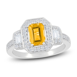 Rectangle-Cut Natural Citrine & White Lab-Created Sapphire Halo Ring Sterling Silver