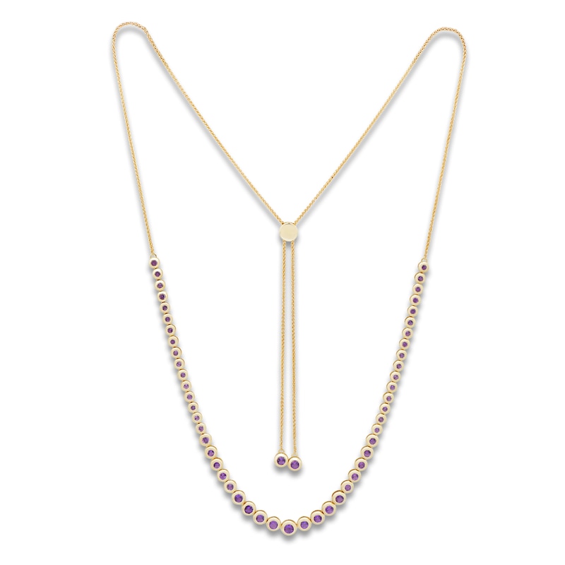 Round-Cut Natural Amethyst Bezel Bolo Necklace 14K Yellow Gold 26"