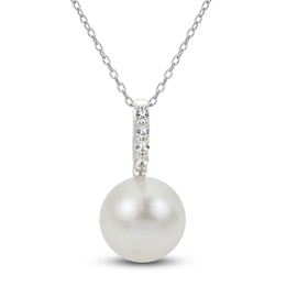 Cultured Pearl & White Lab-Created Sapphire Drop Necklace Sterling Silver 18&quot;