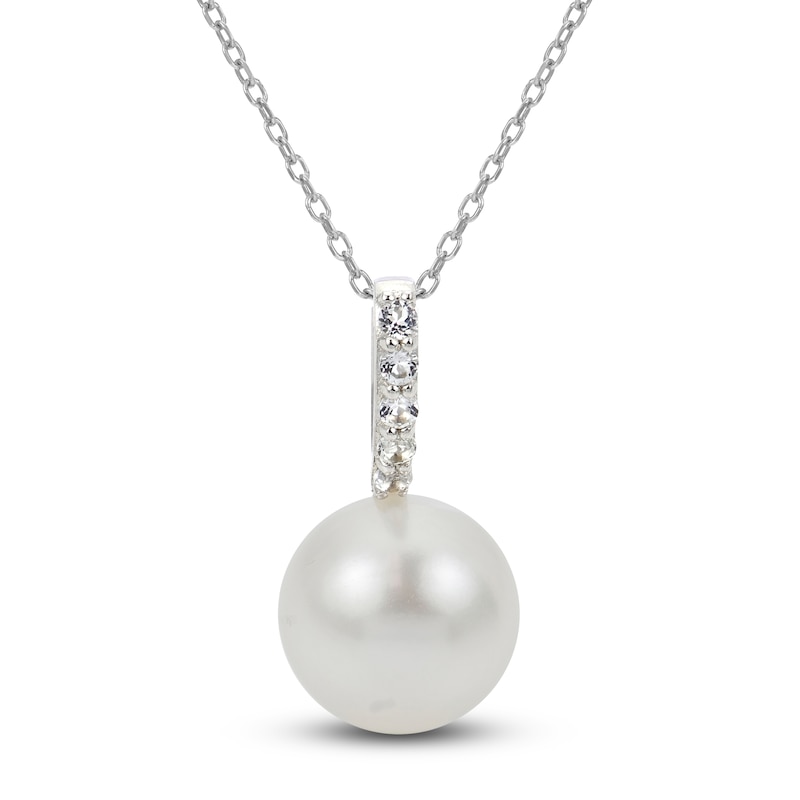 Main Image 1 of Cultured Pearl & White Lab-Created Sapphire Drop Necklace Sterling Silver 18&quot;